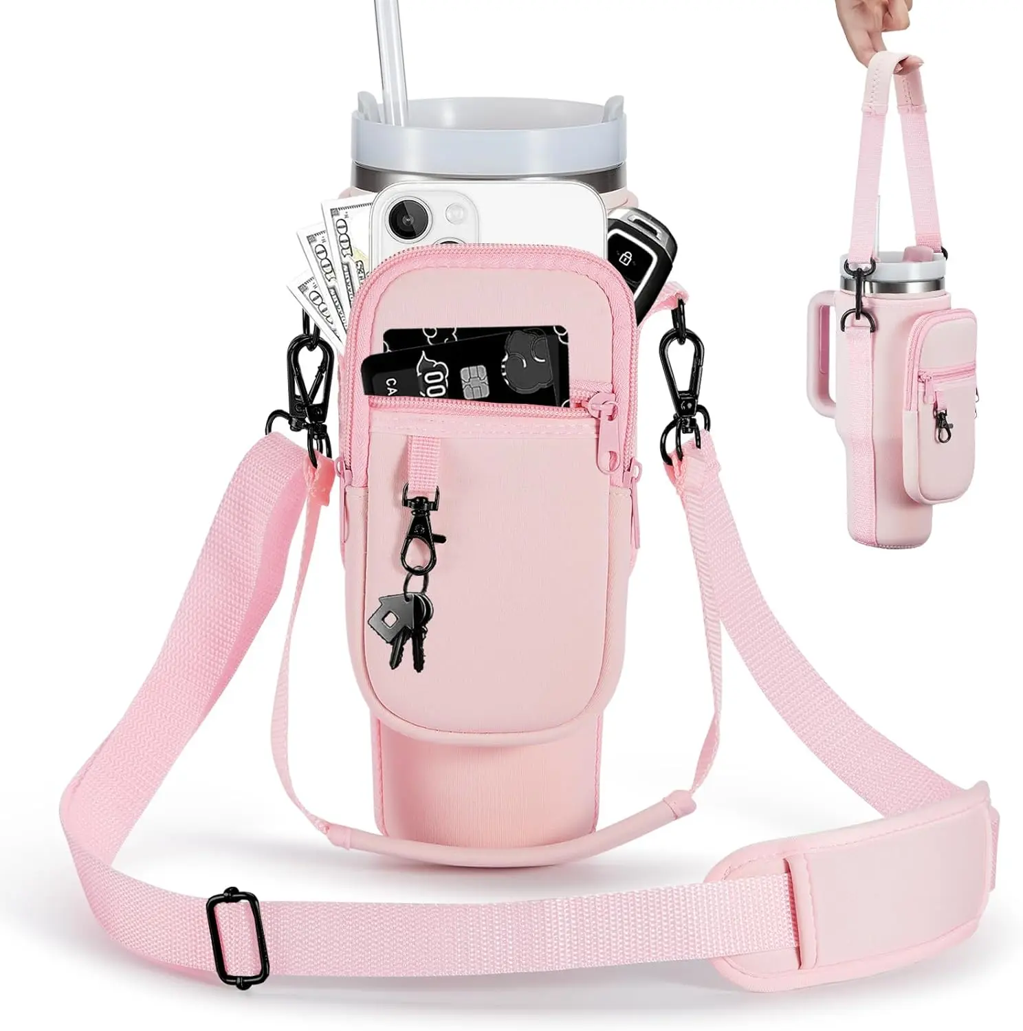 Water Bottle Carrier Bag with Phone Pocket for Stanley 40 & 30 oz Tumbler with Handle,Pink Insulated Neoprene Cup Holder Pouch w/Adjustable Strap for Quencher H2.0 Stanley Cup Accessories