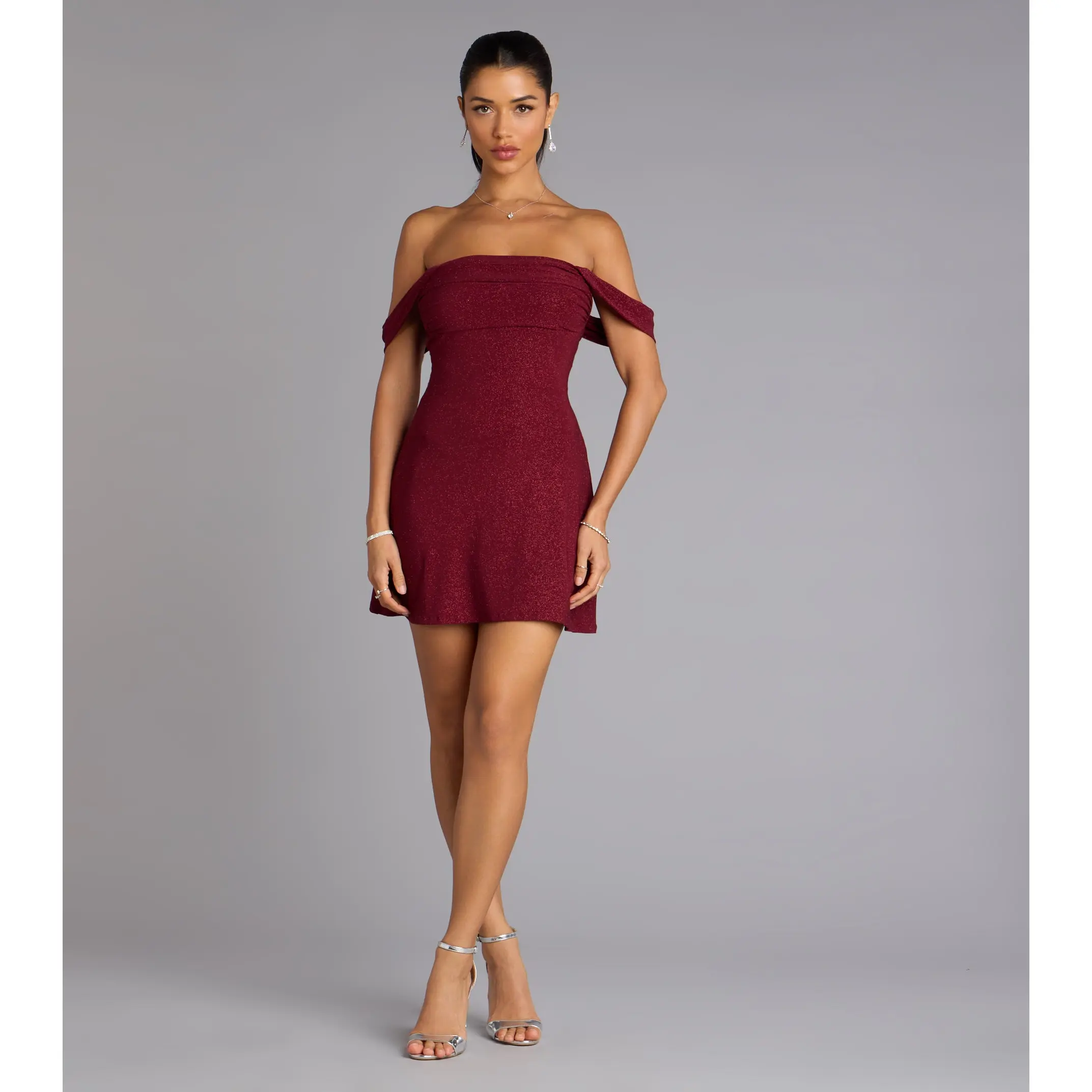 Classic Glitz Glitter Knit Off-The-Shoulder Mini Dress