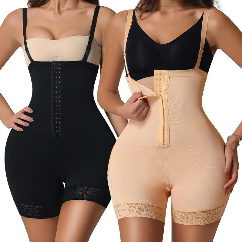 High Waist Seamless Compression Shaper Shorts, Tummy & Thigh Control Butt Lifting Bodysuit With Zipper Crotch For Postpartum Women