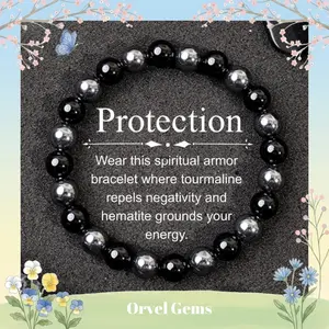 Protection Black Tourmaline & Hematite Bracelet – Grounding Energy Shield | 8mm Unisex Crystal Beads | Daily Wear Gift