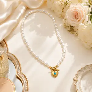 Metora Amara Freshwater Pearl Heart Necklace for Women, Gold Tone Toggle Pendant Jewelry