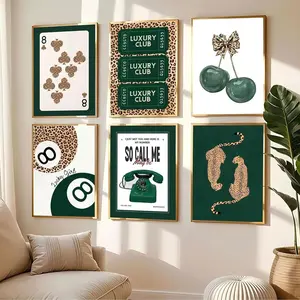 6pcs/set Frameless Emerald Green No. 8 Ball & Leopard Print Animal Canvas Print Cherry Playing Card Wall Art Poster Art Prints Modern Art Design Artistic Decorative Decoration Wall Picture Decor for Modern Home Decor Unframed Wall Art