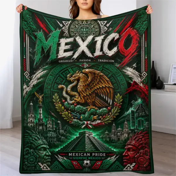 Soft Funny Throw Blanket Mexico Aztec Heritage Blanket, Mexican Eagle Fleece Throw Blanket, Aztec Calendar Pyramid Design, Soft Cozy Blanket Gift for Soccer Fans and Mexico Lovers