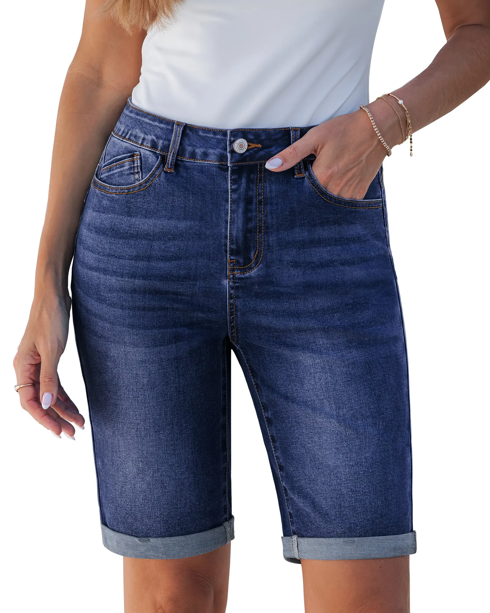 luvamia Bermuda Jean Shorts for Women Knee Length High Waisted Trendy Cuffed Hem Long Stretchy Denim Shorts Summer Jorts,back to school shopping