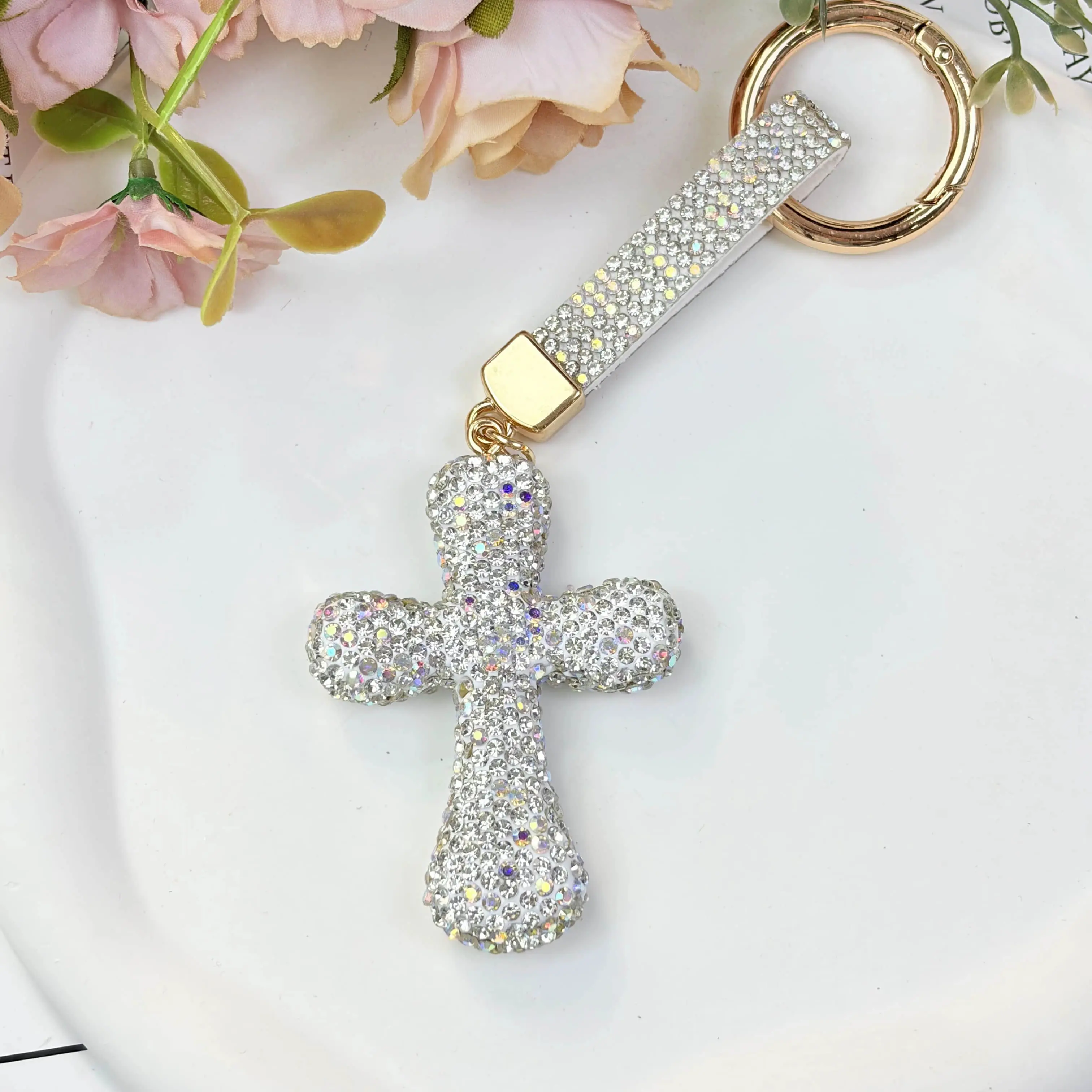 Sparkly Rhinestone Cross Keychain Bling Crystal Bag Charm with Strap Versatile Key & Purse Accessory Multiple Colors Pretty Holiday Gift Summervibes
