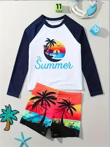 Boys' Fashion Tropical Palm Tree Print Two-Piece Swimsuit, Casual Loose-Fitting Short Sleeve Swimwear, Kids Summer Beachwear, Swimsuits with Shorts, Swimwear Sets