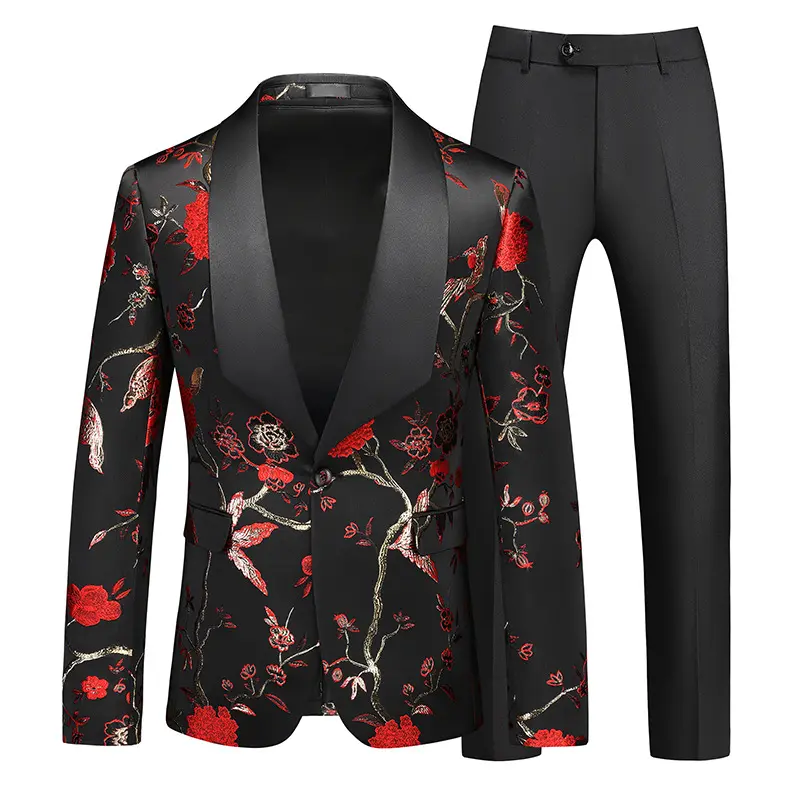 tuxedo suit 2025 Men's Embroidered Green Fruit Collar Suit Set Men's Stage Banquet Host Dress Suit Two