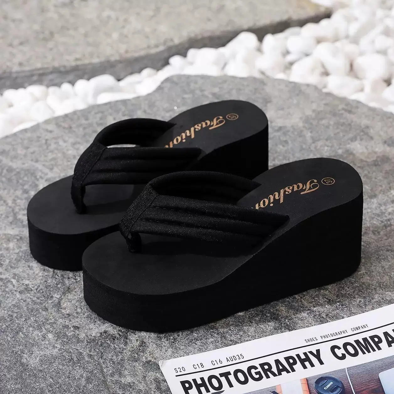 Wedge Flip Flops for Women Black Platform Non-Slip Casual Summer Thong Sandals
