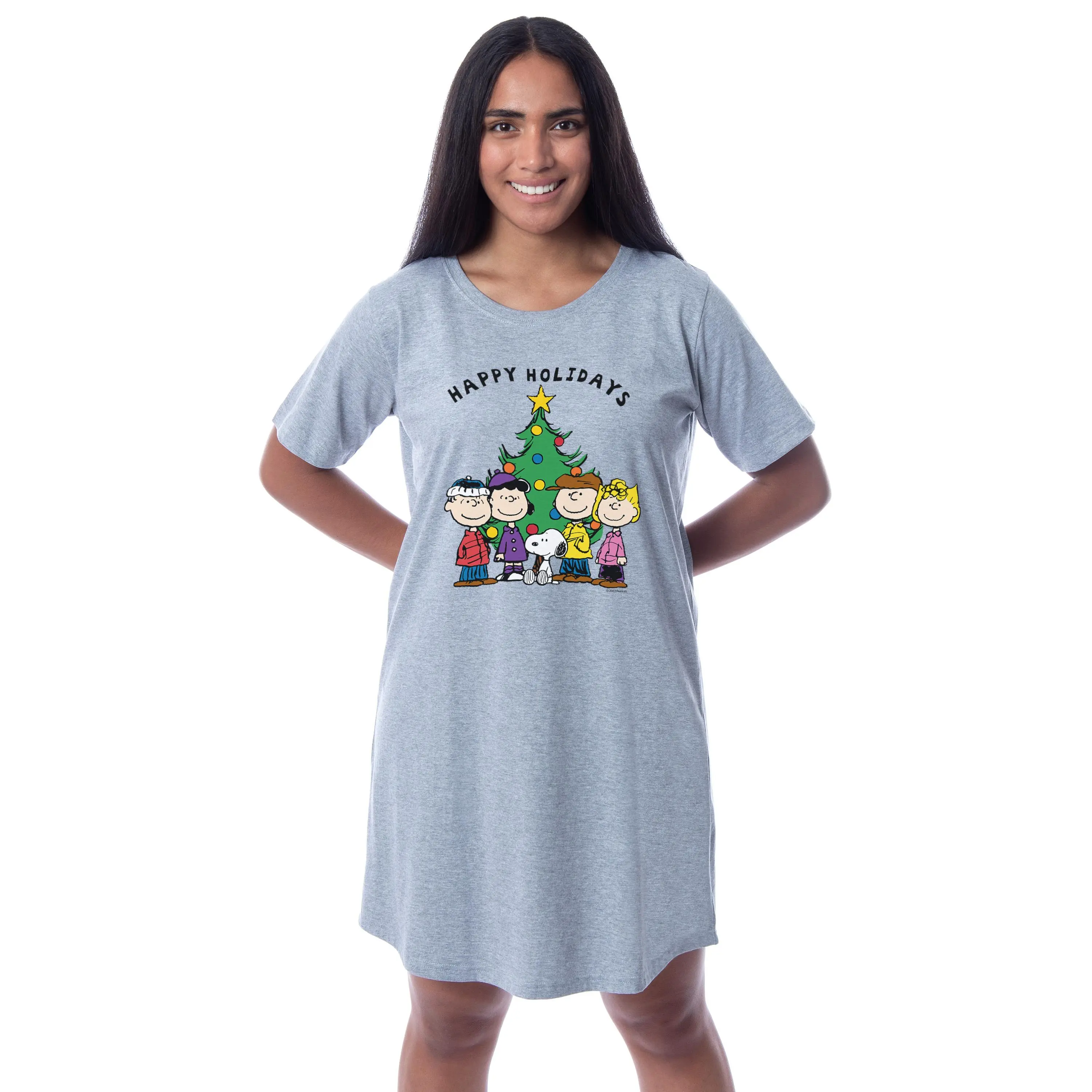 Peanuts Women's Happy Holidays Character Charlie Brown Snoopy Lucy Linus Sally Christmas Nightgown Pajama Shirt