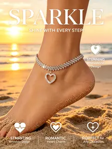 Rhinestone Heart Anklet for Women, Elegant Summer Beach Jewelry, Sparkling Footwear Accessory, Perfect for Casual, Trendy Fashionable Accessories