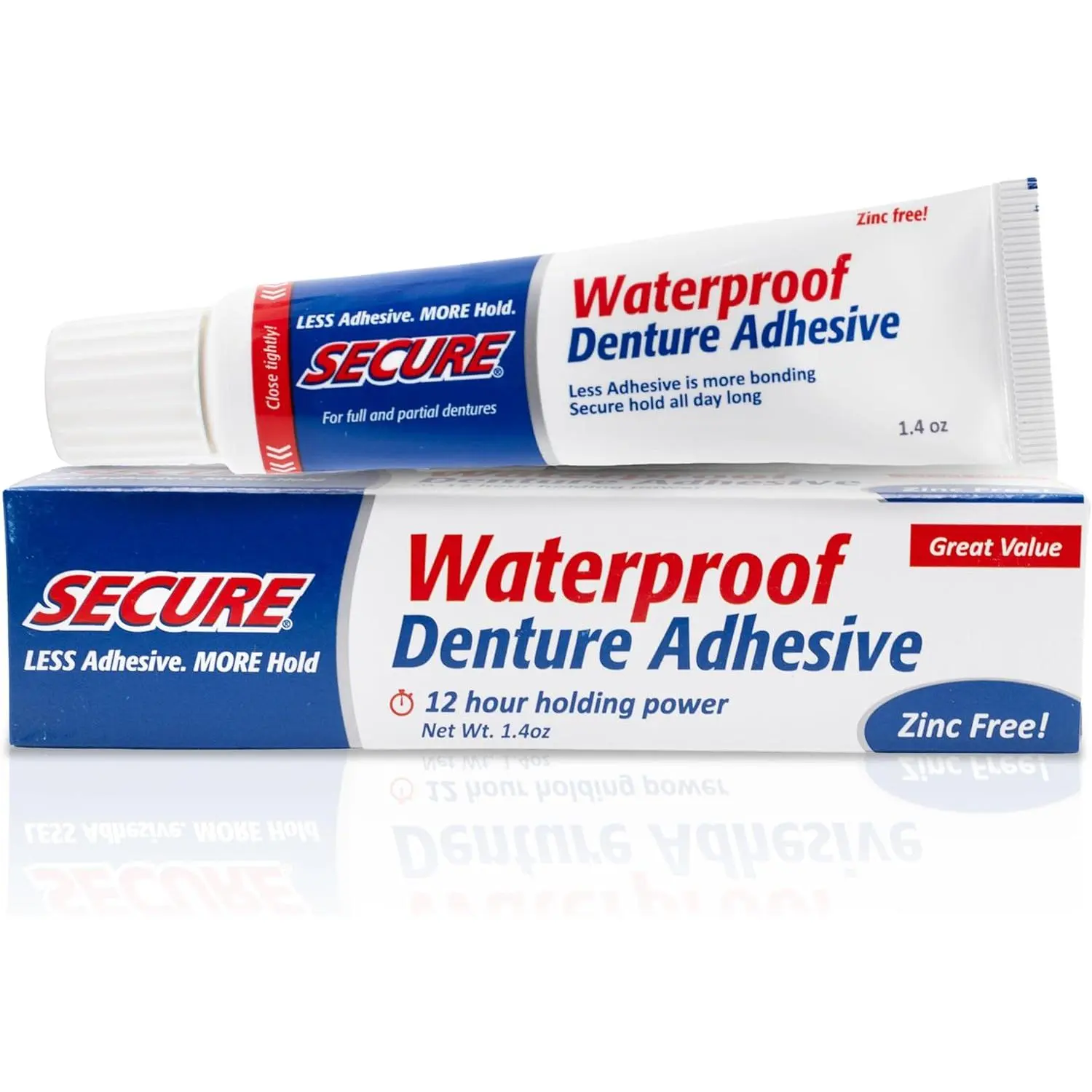 Secure Denture Adhesive Cream for Uppers, Lowers & Partials – Waterproof Seal & Zinc Free – Food Grade Ingredients - Less Adhesive, More Hold - Tube Lasts Up to 8 Weeks - 1.4 oz