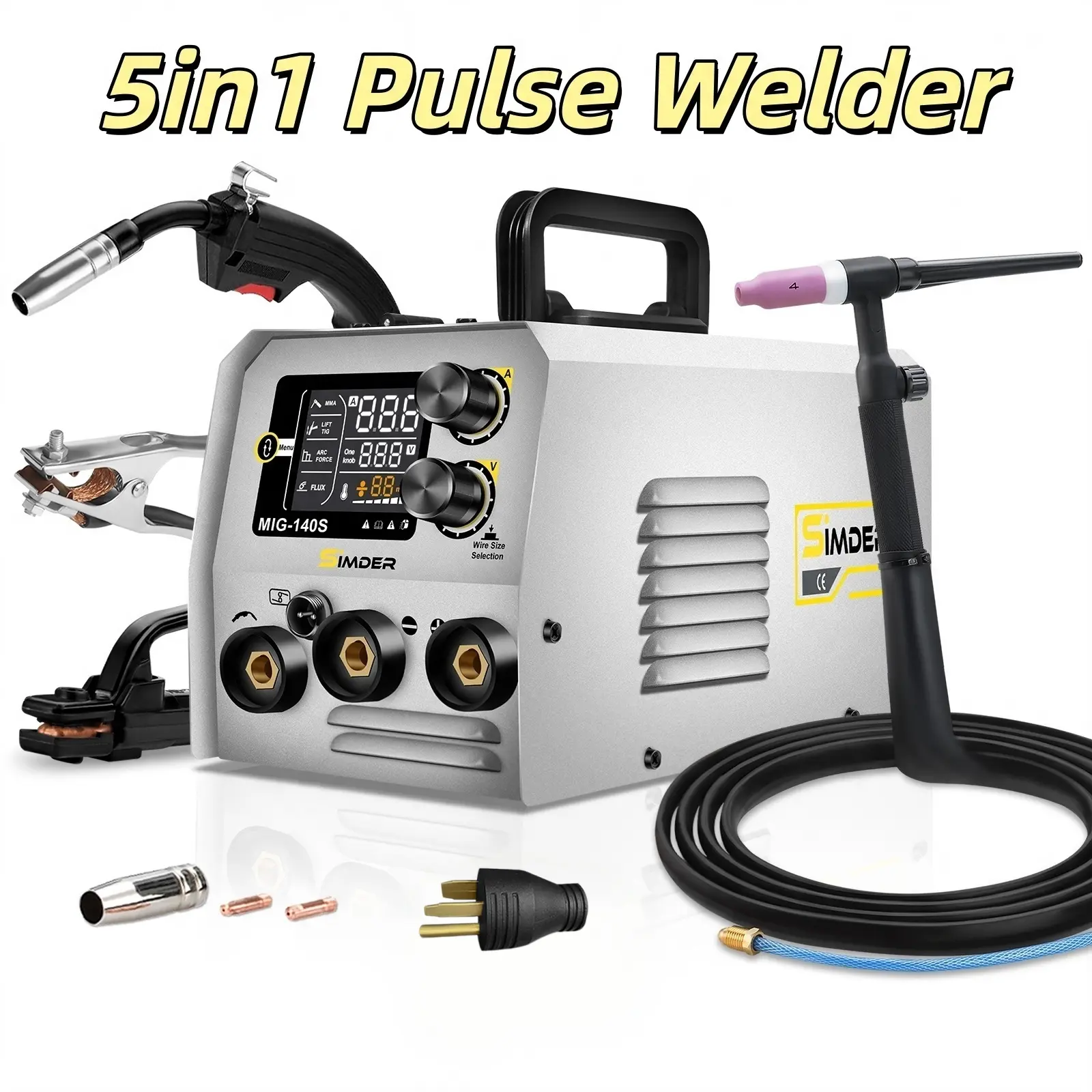 【DealForYourDays】S SIMDER 5-in-1 All Pulse MIG Welder 140A, Smart Synergic MIG Machine with Pulse/Spot Modes, Flux Core MIG, Lift TIG & Stick Welding, 110V/220V IGBT Inverter Welder for DIY & Auto Repair