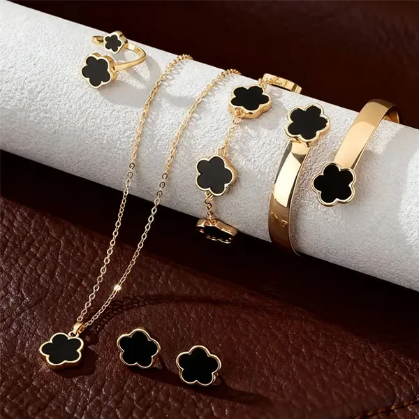 Lucky Flower Design Pendant Jewelry Set of 6, Gifts for Her, Fashion Necklace & Ring & Bracelet & Bangle & Earrings, Casual Matching Dainty Jewelry Set for Women, Trendy All-match & Exquisite Cute Floral Jewelry Set for Gift