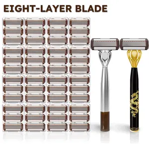 Luxury shaving set, optional replacement blades (24/48/72), ergonomic manual razor kit with 8-layer blades for men’s beard and sideburn grooming, perfect gift