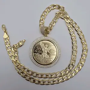 CENTENARIO Fashion Style Cuban Link Necklace Gold-Plated Diamond Cut Beautiful Clear Stone's 50 Pesos Coin Pendant