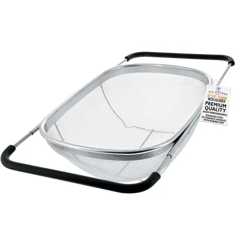 6-Qt Stainless Steel Collapsible Rectangular Over-the-Sink Colander - Multi-Functional Strainer, Kitchen Gadget with Expandable Rubber Handles, Draining Basket, Mesh Filter for Pasta, Dishwasher Safe