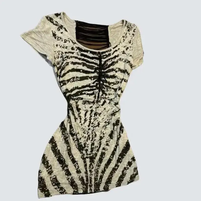 Retro Hottie Dresses American Subculture Skeleton Print Dress Harajuku Hollow Design Hip Wrap Dress Punk Grey Slim Mini Dresses Casual Womenswear Summer Crewneck Plaid Shortsleeve