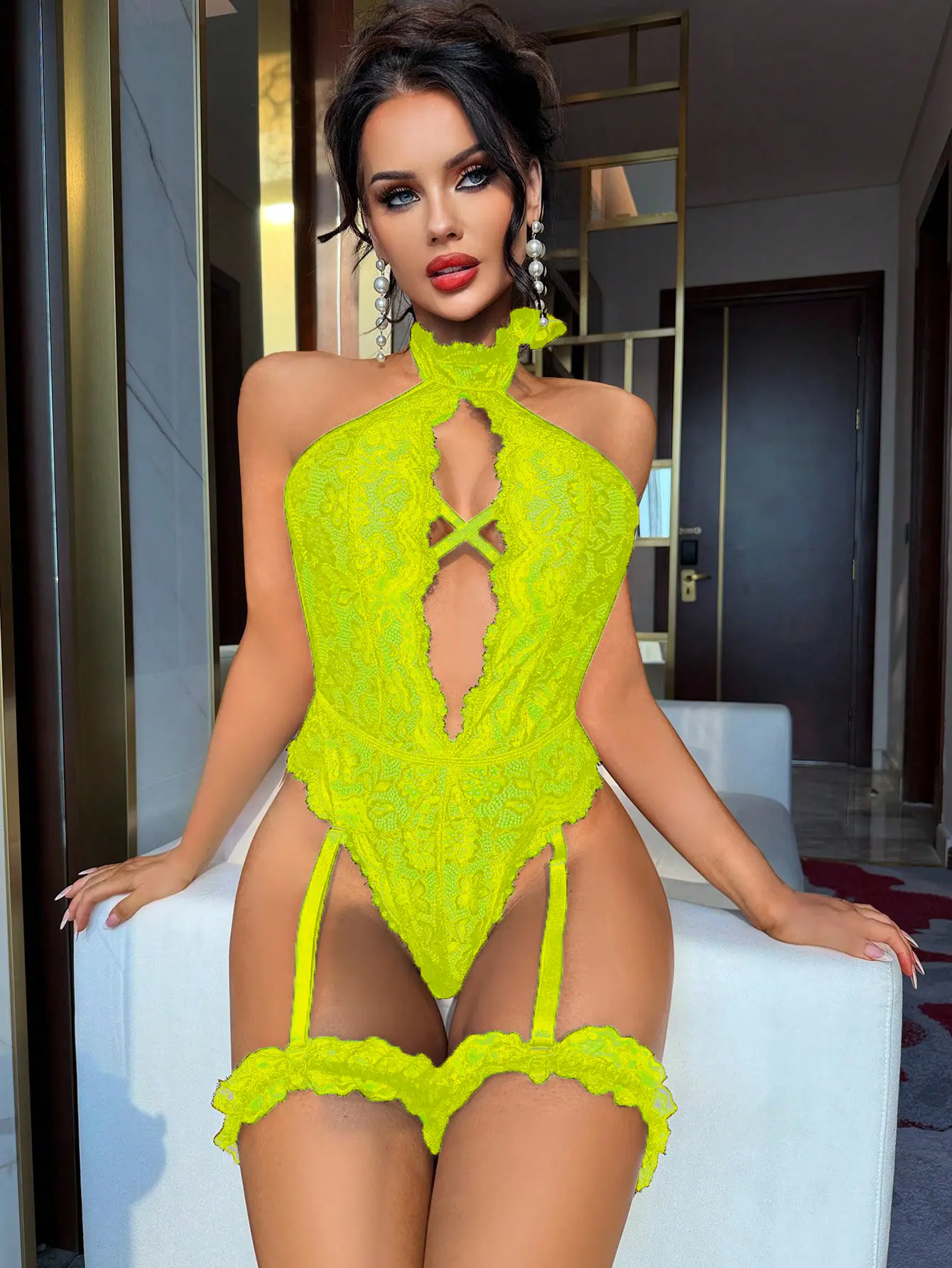 English Brand Name：NeonLimeSummer CrisscrossCutoutBackless ExoticThighRing NightclubPartyHighSaturationNeon TikTokViralCurve-Inclusive EroticLaceLingerieBodysuit Brand