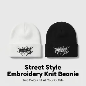 Streetwear Embroidery Knit Beanie Y2K Aesthetic Skull Cap Gothic Lettering Winter Warm Cuffed Hat for Men Women