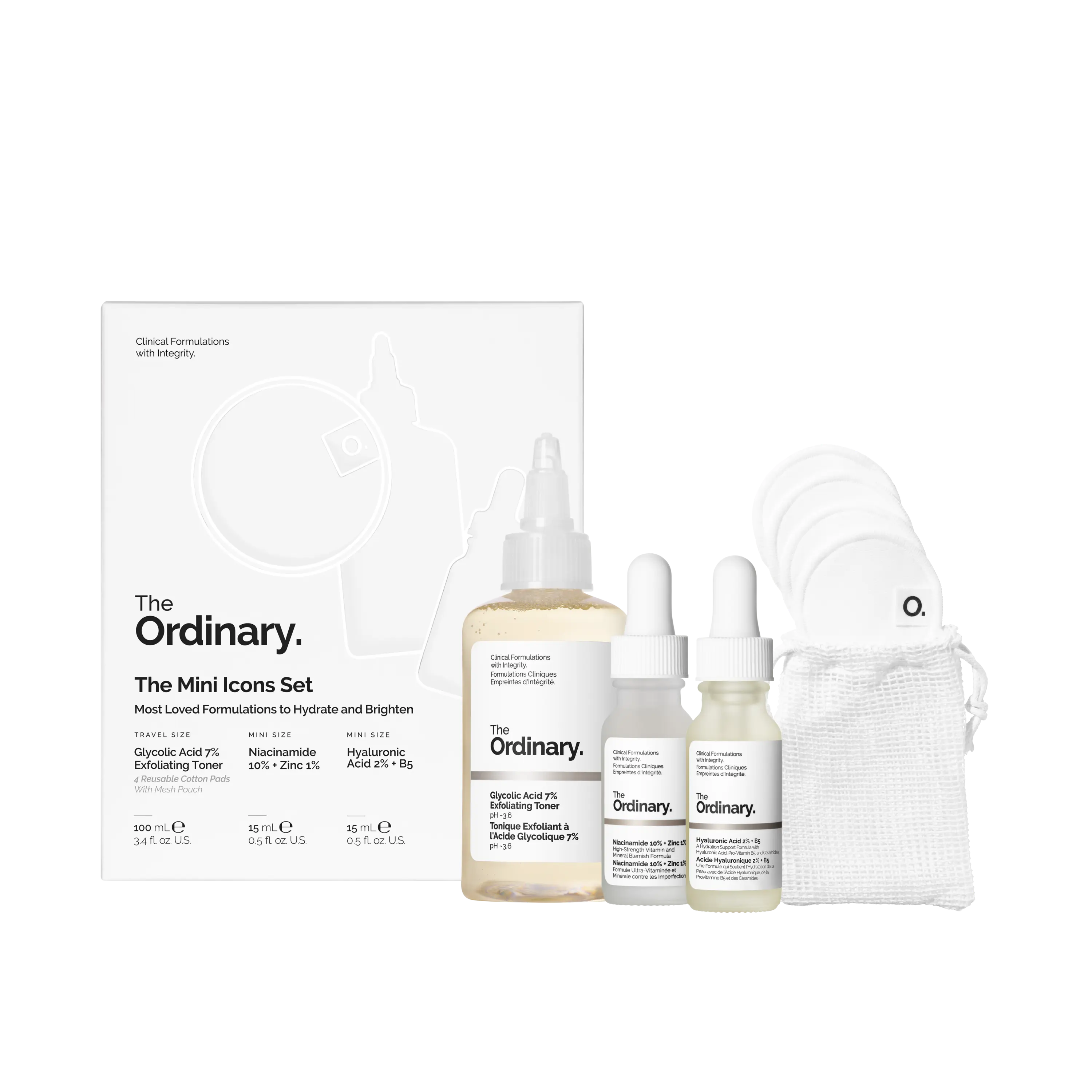 The Ordinary Mini Icons Set - Glycolic Acid 7% Toner, Niacinamide 10% + Zinc 1%, Hyaluronic Acid 2% + B5 - Skin Brightening Kit for Hydration & Repair