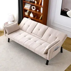 [Bellemave]70-inch multi-functional cotton and linen sofa bed: foldable + cup holder + side storage, instantly switch between living room and bedroom