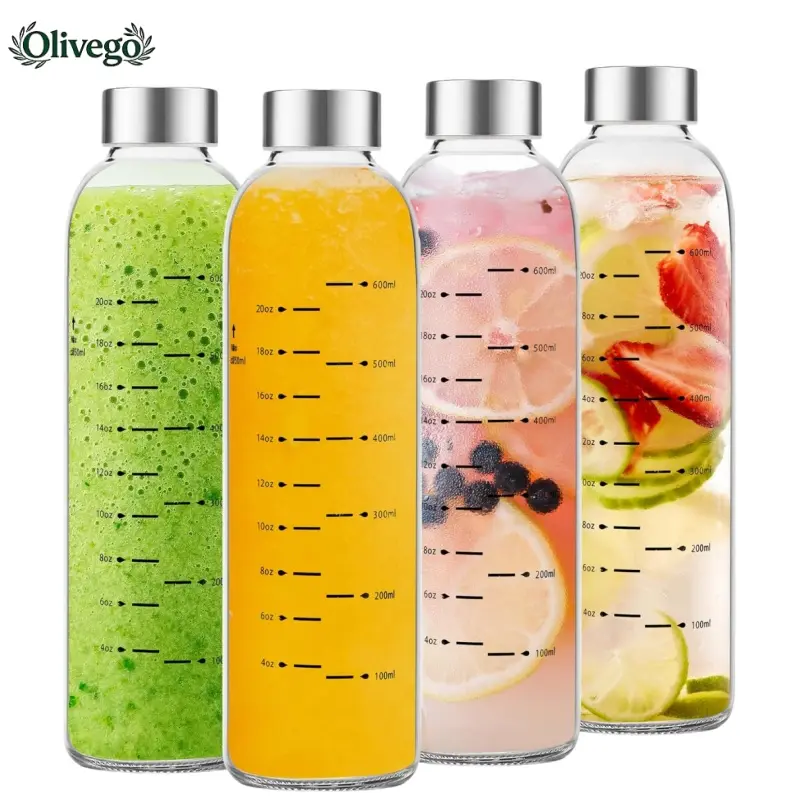 Olivego - Glass Water Bottles with Stainless Steel Cap 17 oz & 25 oz Clear Juice Bottles 100% Leak Proof Reusable BPA-Free for Juicing Refrigerator Storage On-the-Go Hydration - Drinkware