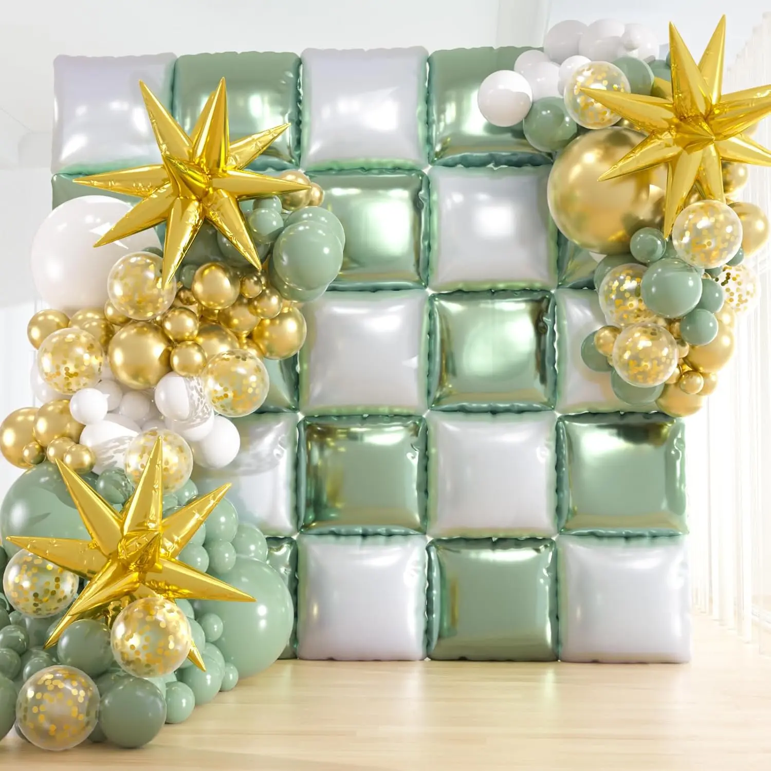 25pcs Green and White Foil Square Balloon Backdrop Wall &149pcs Sage Green Gold White Balloons Arch, Double Sided Balloon Tunnel with for Birthday Shower Graduation Party Decor
