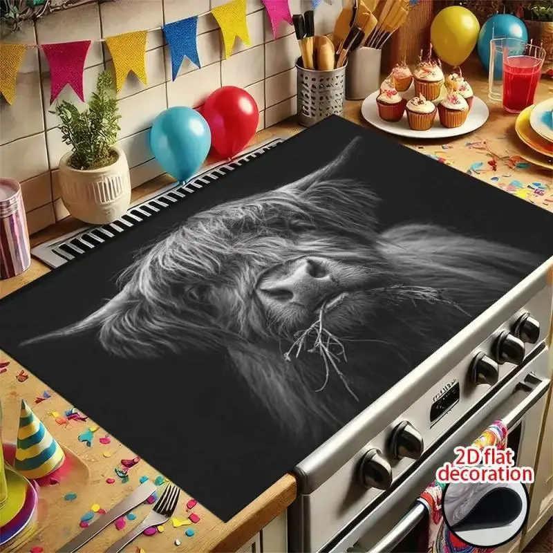 JOYFINITY 1-Piece Oversized Stove Cover, Heat-Resistant and Anti-Slip Kitchen Countertop Cover with Black and White Highland Cow Design, Scratch-Resistant Stove Cover Suitable for Gas or Oven Stoves, Electric Stoves, Burner Butane