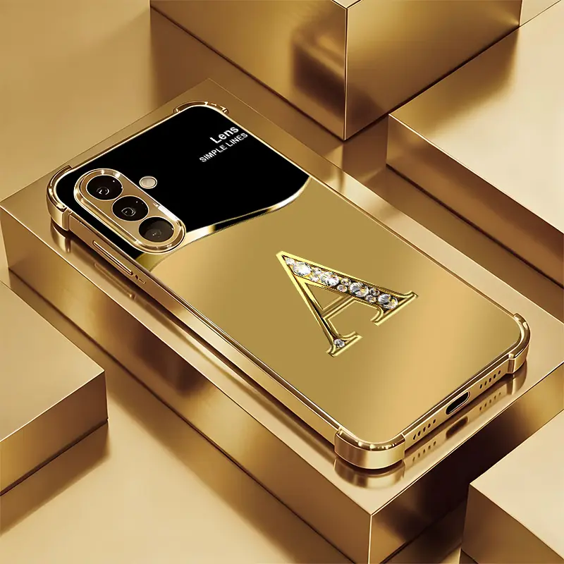 This premium glass phone case, For Samsung S26/S25/S24/S23/S22/S21 and A-series models, features gold lettering and a reinforced-corner design for drop protection. It is crafted using an electroplated gold finish and is affordably priced -- 995