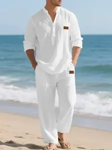 Men's Linen Casual Hooded Button Long Sleeve Shirt & Straight Leg Pants Set, Loose-Fitting Two-Piece for All Seasons
