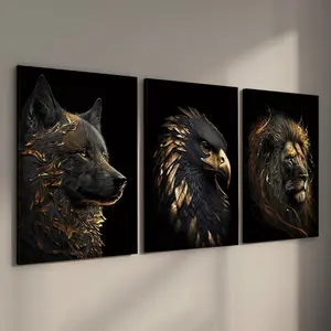 3 Counts/set Wooden Framed Black And Gold Lion & Eagle Canvas Posters, Decorative Artwork, Animal Wall Art, Modern Wall Decor Living Room, Bedroom, Gift for Friends and Family, Waterproof Canvas, Wall Decor, Ready To Hang, Art Wall Decoration