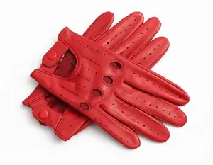 RED - Men’s Genuine Leather Driving Gloves with Classic Knuckle Holes and Secure Wrist Button