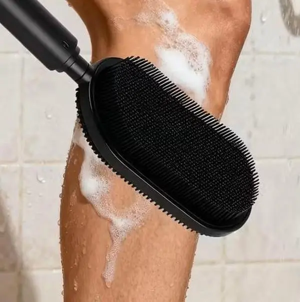 27.5-inch Adjustable Handle Bath Brush - Personal Shower Accessory with Silicone Head, Dual Exfoliating & Massaging Functions, Long Handle, Soft-Rough Texture, Non-Electric for Full Body Use Cleaning Smooth