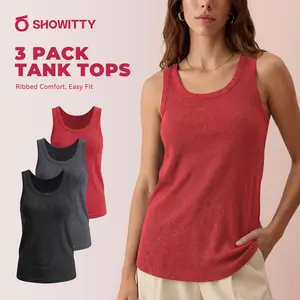 SHOWITTY 3 Pack Ribbed Tank Tops for Women – Crew Neck Sleeveless Stretch Polyester Spandex Basic Tops, Smooth Draped Fit #Summervibes