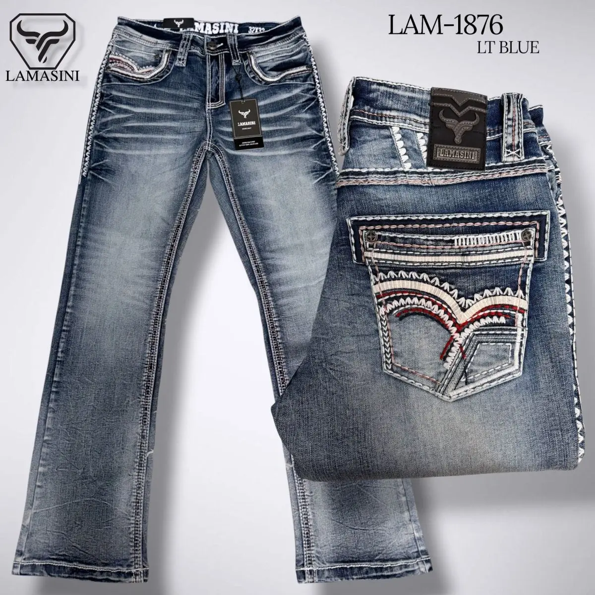 Men's Modern Boot Denim Jeans Embroidered Pockets LAM-1876