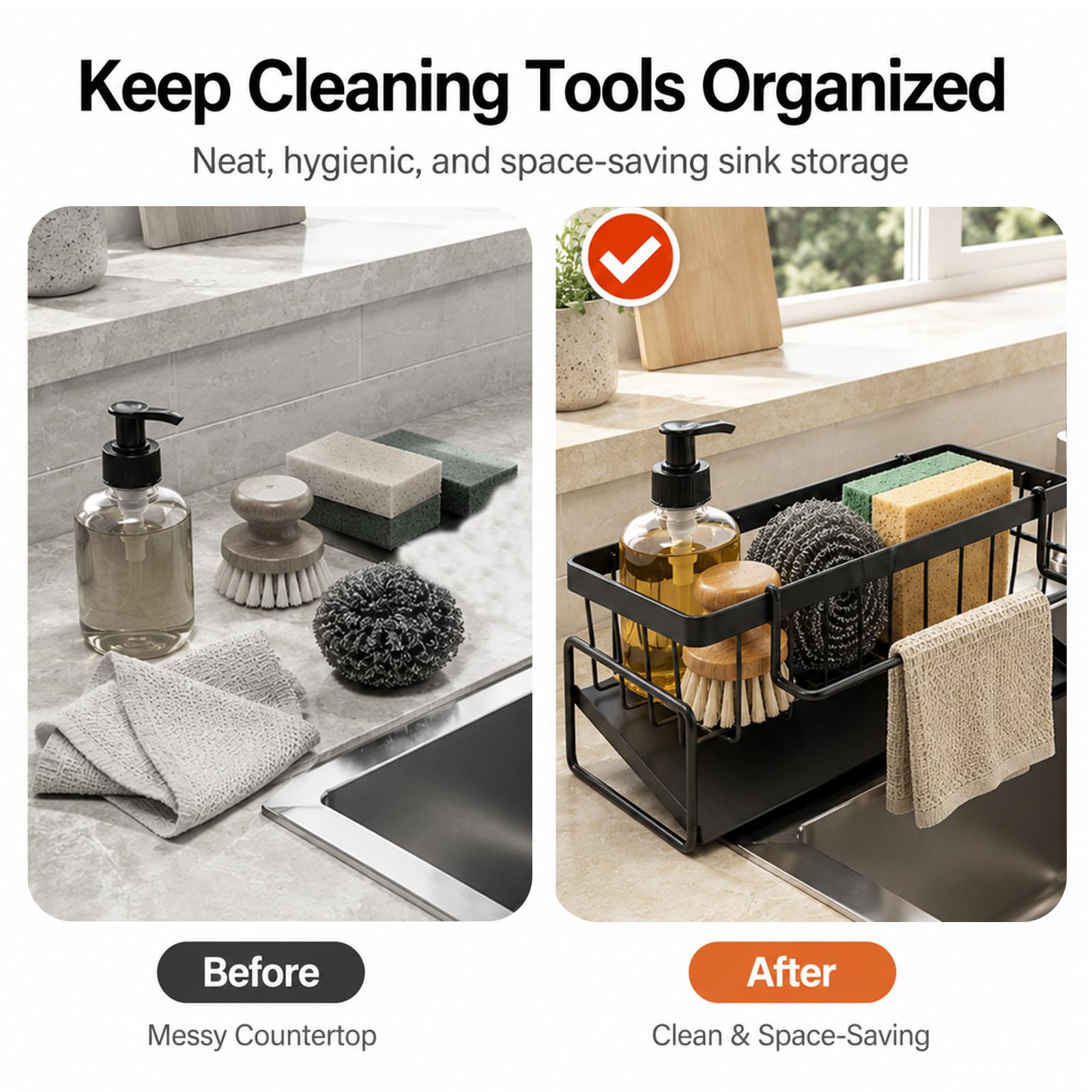 UFORU Compact Modern Freestanding & Space-Saving Kitchen Sink Caddy, Rust-Resistant Metal Organizer with Built-In Drip Tray, Brush Holder, Dishcloth Bar, Countertop Rack for Dish Soap & Scrubbers, Black/Gray, Collects Water And Soap Residue, House Organiz