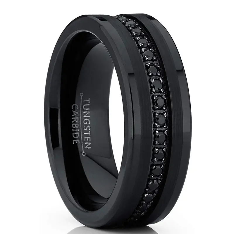 Men's 8mm Black Tungsten Eternity Prong Band - Comfort-Fit Cubic Zirconia Classic Ring, Marriage Wedding Ring for Adults, Jewelry Accessory