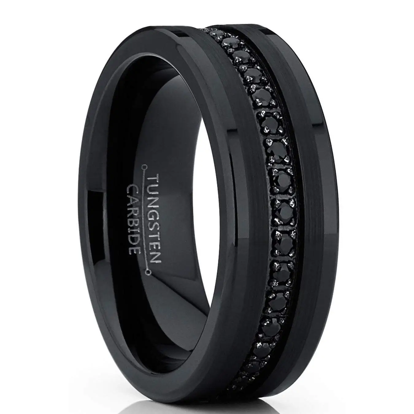 Men's Tungsten Black Wedding Band Eternity Ring Cubic Zirconia Comfort-Fit CZ
