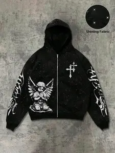 Men's Hooded Sweatshirt Autumn Winter Casual Loose-Fitting Long Sleeve, Angel Print Gothic Hoodie Street Style, Fashionable Unisex Pullover