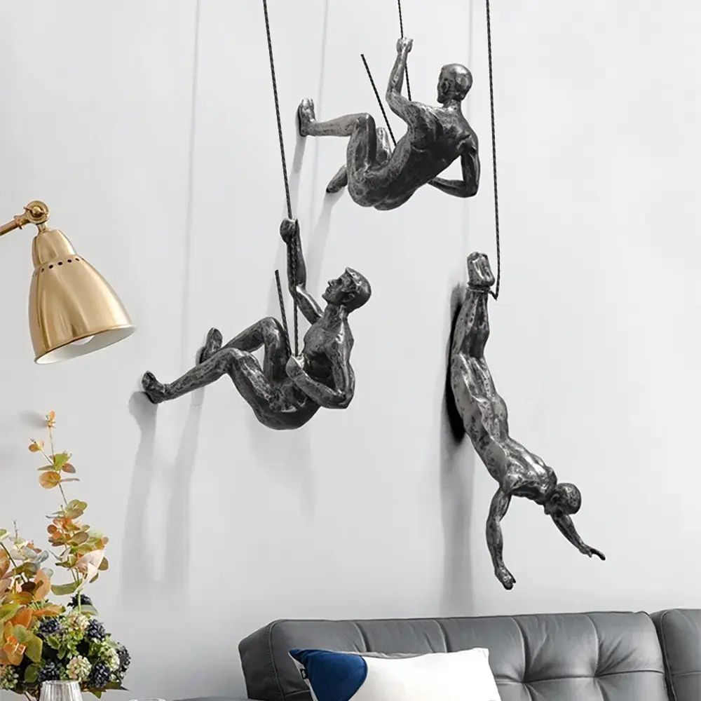 Homary Industrial 3-Piece Silver Climbing Man Resin Wall Decor, Hangable Unique Wall Art, Artistic Decorative Ornaments for Living Room, Entryway Hanging Sculpture, Artistic Wall Decoration Modern Wall Art