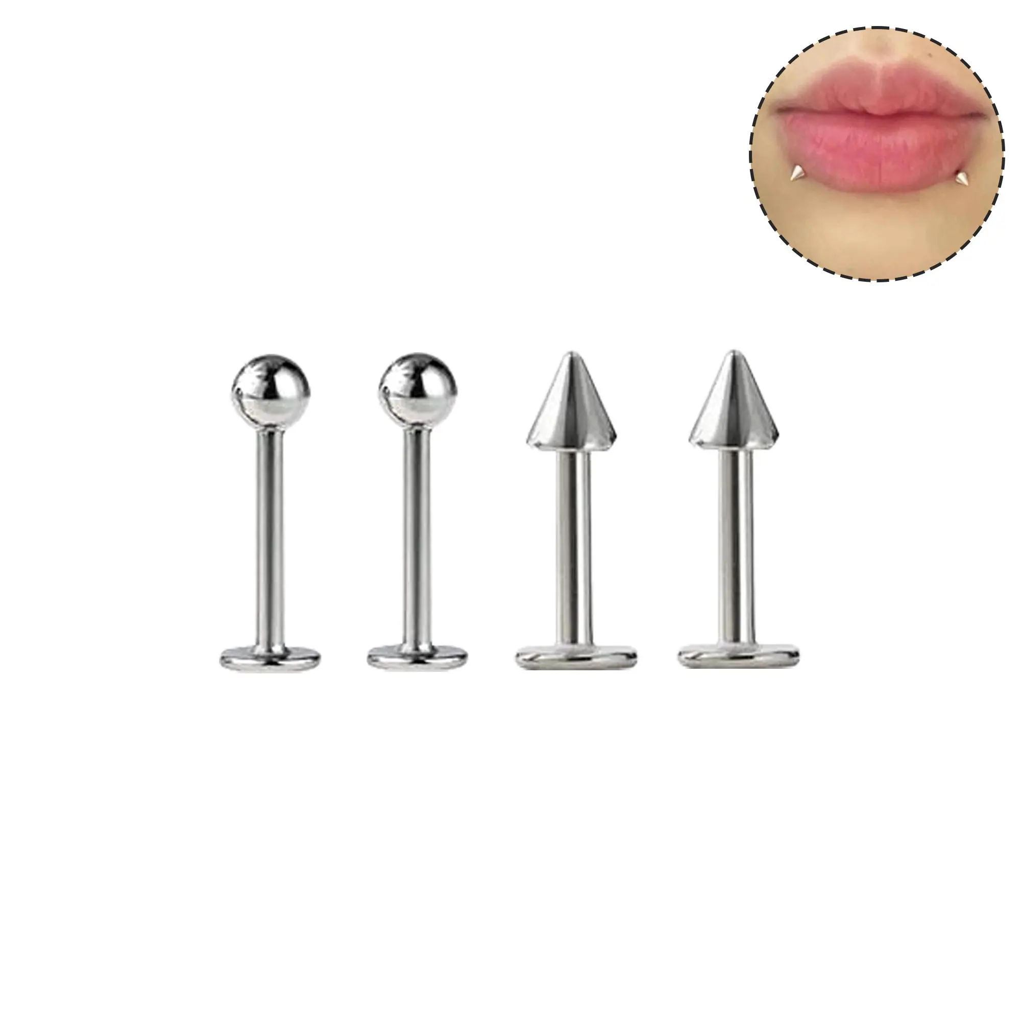 OUFER BODY JEWELRY 4-Piece Snakebite Piercing Jewelry Set for Women, 16G 10mm 316L Stainless Steel Ball & Spike Studs, Hypoallergenic Lip Rings, Snakebite Accessories, Female, Plain, Body Jewelry Set