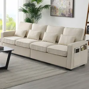 Sciacca 4-Seater  Minimalist Style Couch with Armrest Pockets and 4 Pillows in Beige Linen