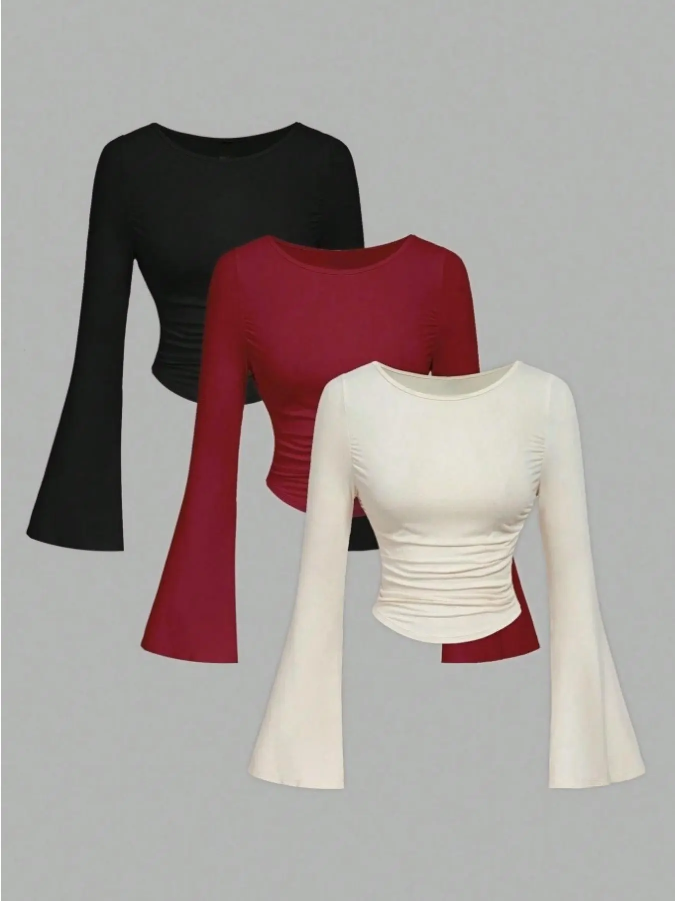 New Women's Fashion Slim Round Neck Ruffle Flare Sleeve Long Sleeve Top T-Shirt Three Piece Set, Flared, Stylish Casual Wear, Perfect for Daily Use, Womenswear, Outfit