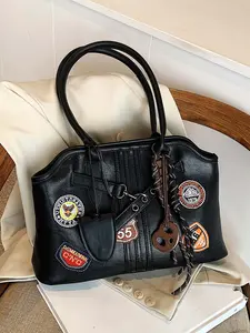 Retro style fashion multi-element decorated single shoulder tote bag, personalized modeling trend leisure and casual single shoulder bag,  design punk style artistic， suitable for students daily commuting, shopping, etc., Pu Tote Satchel