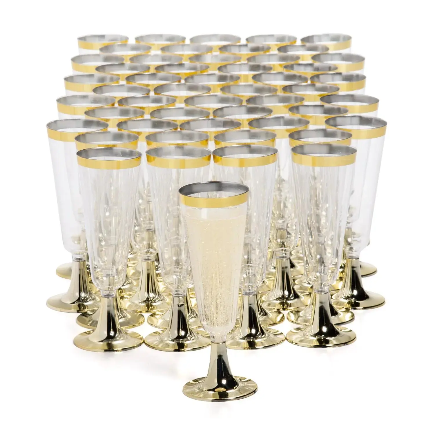 Bulk 100 Pc. Clear Plastic Champagne Flutes with Gold Trim