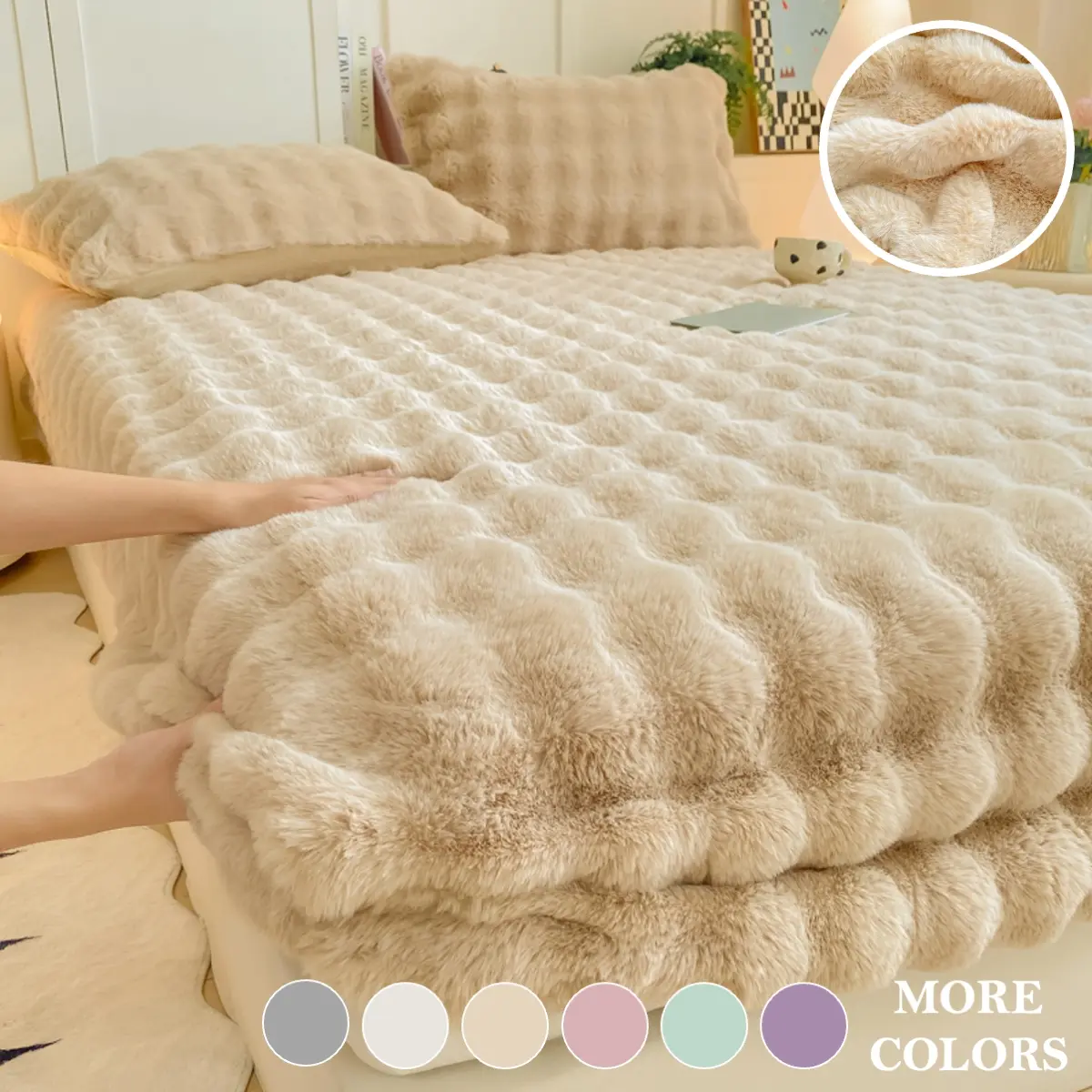 1pc Luxury Faux Rabbit Fur Plush Bed Cover & Mattress Protector – Ultra Soft, Warm, Skin-Friendly, Machine Washable with Elastic Strap, Non-Shedding & No Fading, Perfect for Bedroom & Guest Room Comfort Bed Coverlet Soft Bedding Cozy Bedding