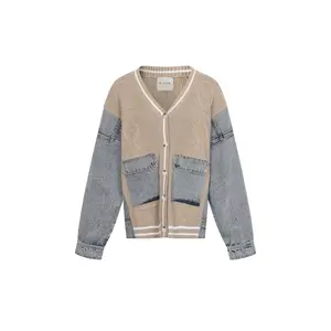 Knit Sweater with Denim Contrast