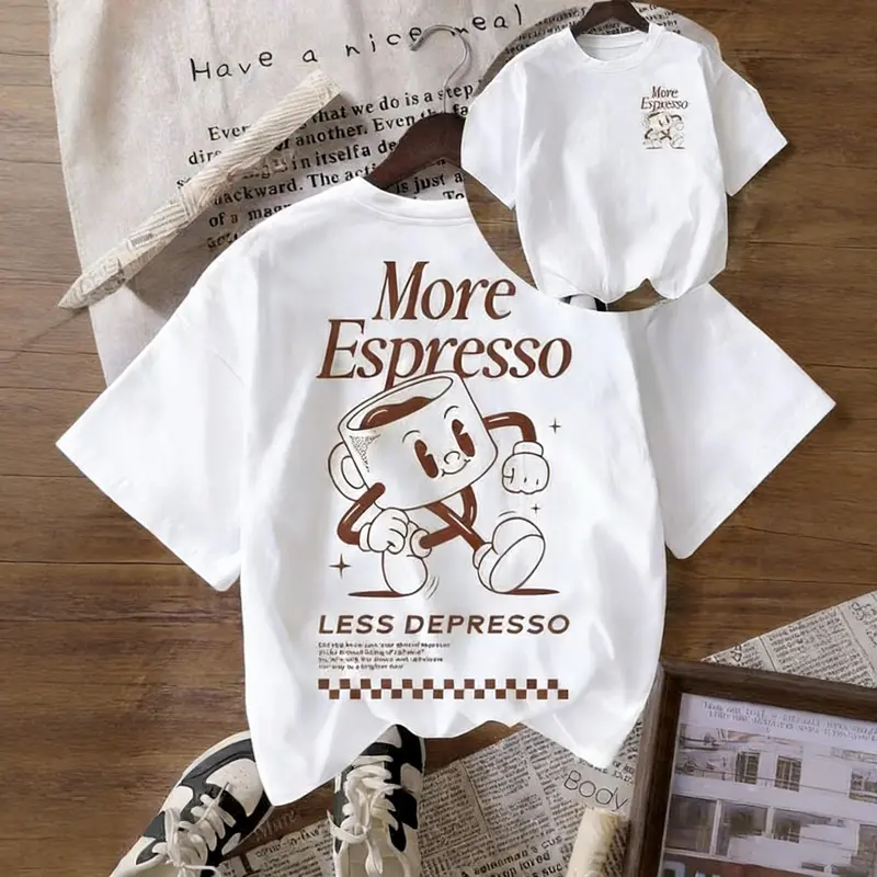 Women's Vintage More Espresso Coffee Club Graphic Cotton T-Shirt - Round Neck, Short-Sleeve, Lightweight, Loose-Fitting, Breathable Solid Casual Tops