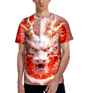 Menswear Unisex Round Neck Short-Sleeve T-Shirt - Majestic White Dragon Head Print, Fiery Oriental Mythical Beast Graphic, Red All-Over 3D Art, Bold Fantasy Casual Streetwear Top