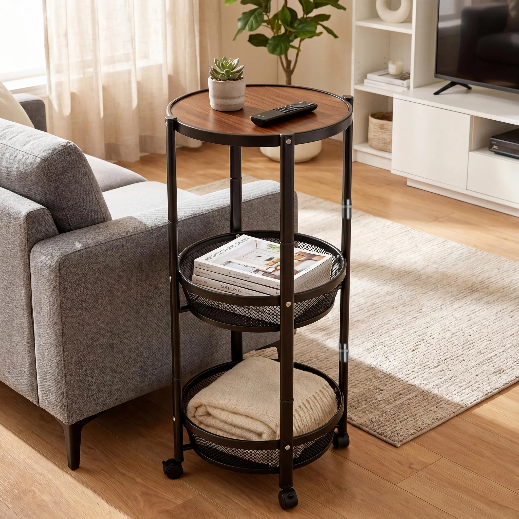 No-Assembly Floor-Standing Kitchen Shelving Unit - Foldable, Expandable, Multifunctional with Fruit and Vegetable Baskets, Convertible to Living Room Storage Cart foldable shelf